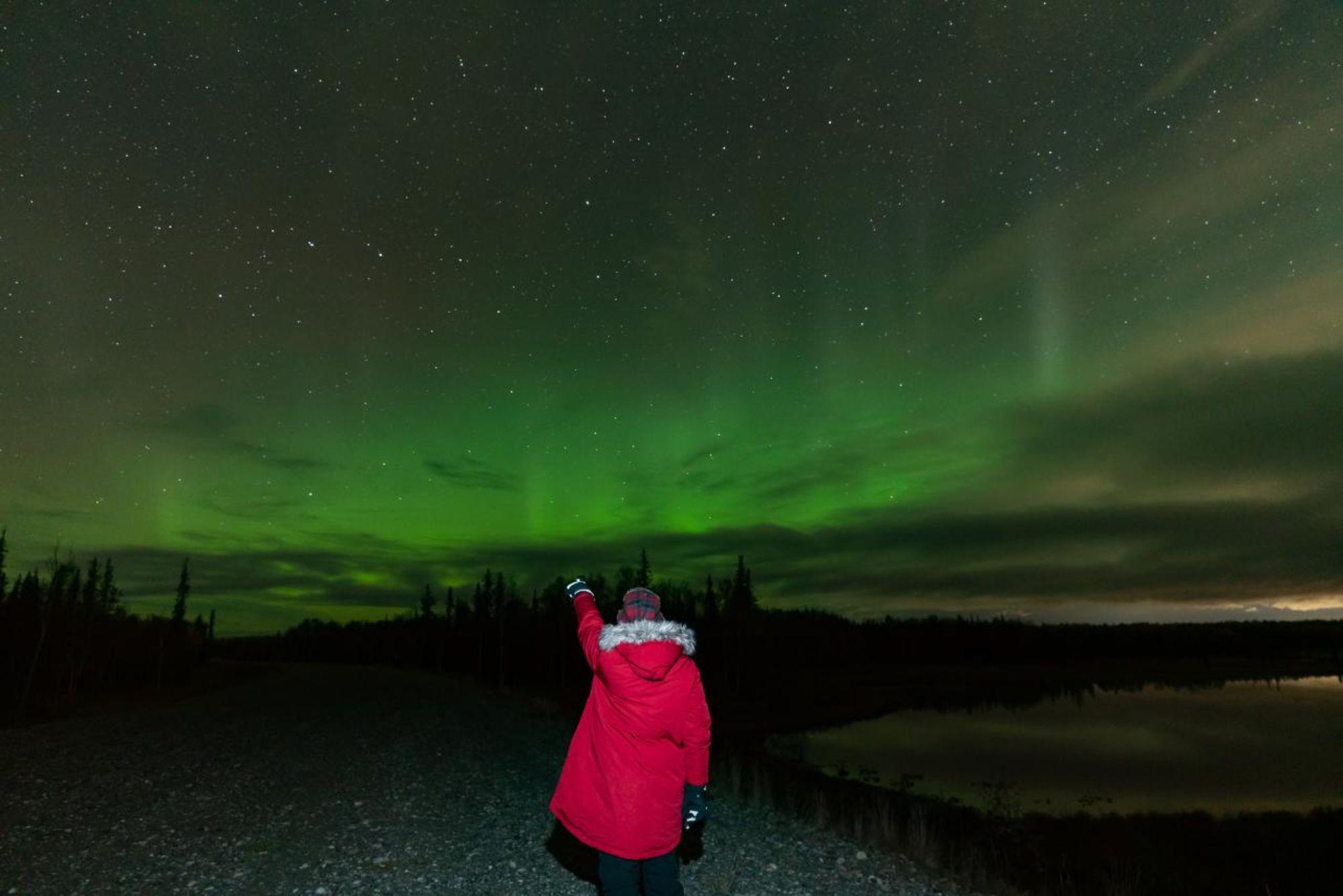 anchorage northern lights tour person pointing at the lights